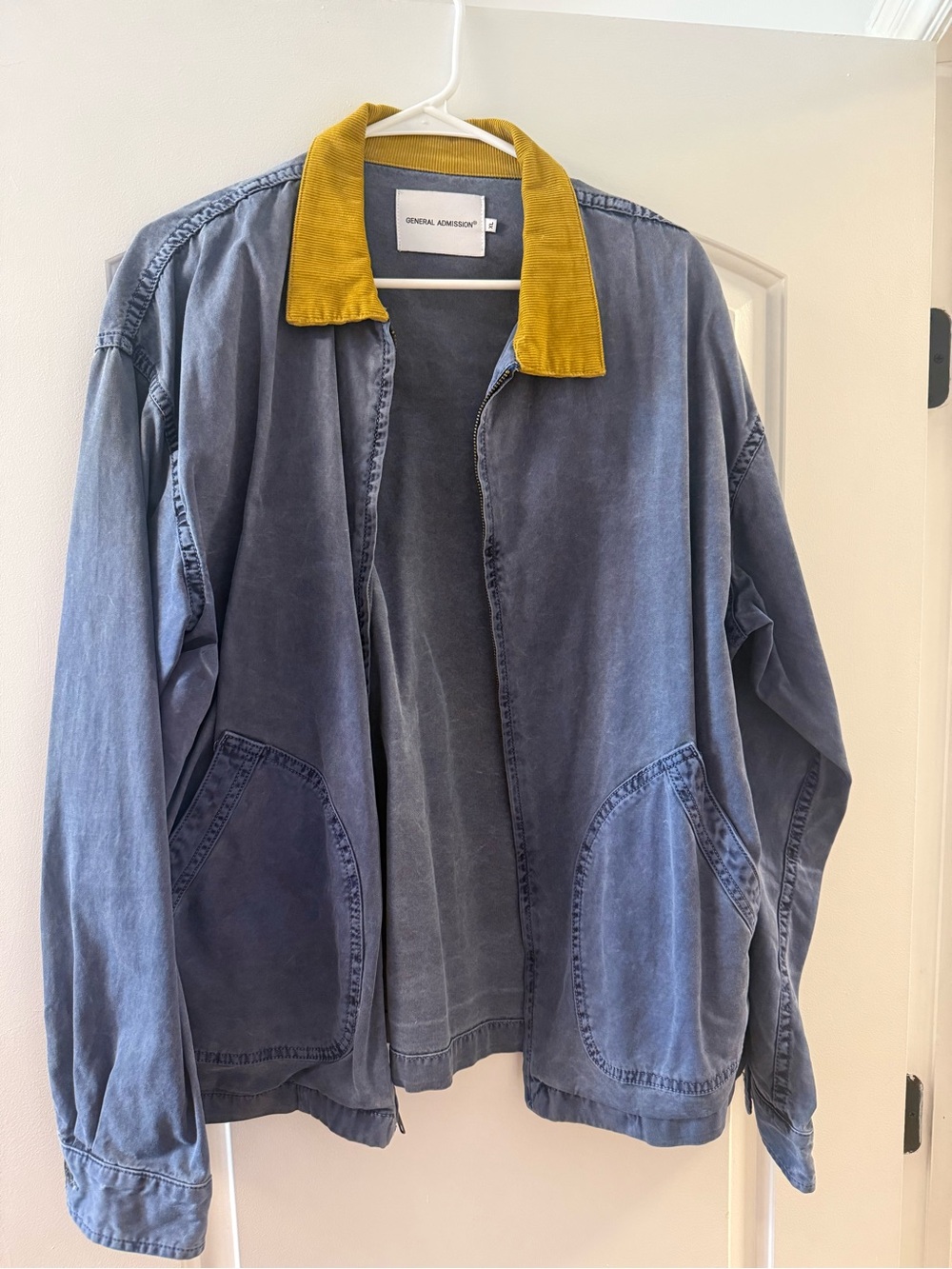 Men's Washed Blue Shirt Jacket with Yellow Corduroy Collar
